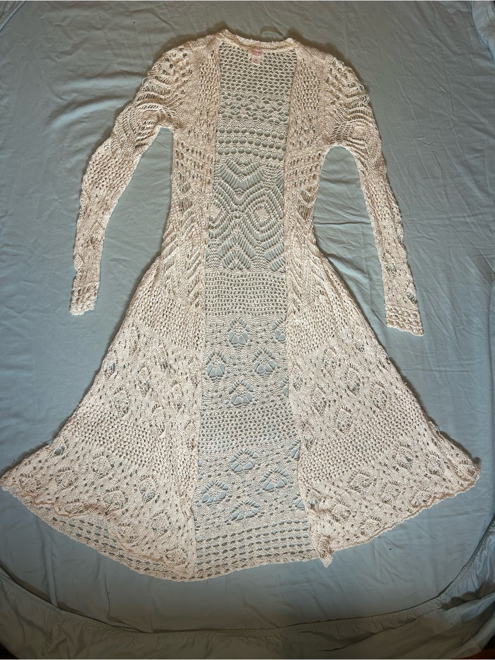 Women’s Cream Knit Crochet Long Open Cardigan Duster